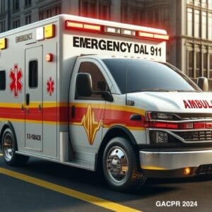 An image showcasing a modern ambulance, marked with "Emergency DIAL 911" on its side, poised on a city street ready for rapid response.