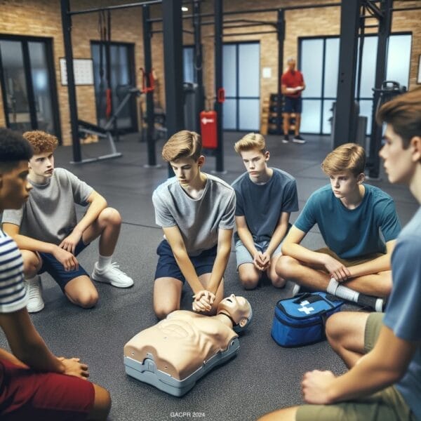 An image depicting teenage boys gathered in a gym, intently learning CPR from a trainer, emphasizes the value of acquiring essential life-saving skills during youth.