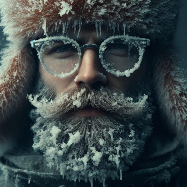 An evocative image of a bearded man adorned with a Russian hat and glasses, his face, and attire encrusted with snow and ice, capturing the resilience and beauty of enduring winter's harshness.