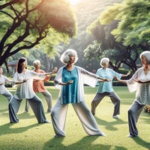 An image showcasing a group of retired women engaging in Tai Chi within a tranquil park, embodying grace, wellness, and the beauty of active aging.