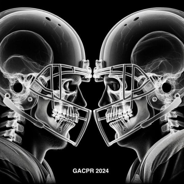 An X-ray view capturing two individuals wearing football helmets, face-to-face, highlighting the intricate balance between sports equipment and human anatomy.