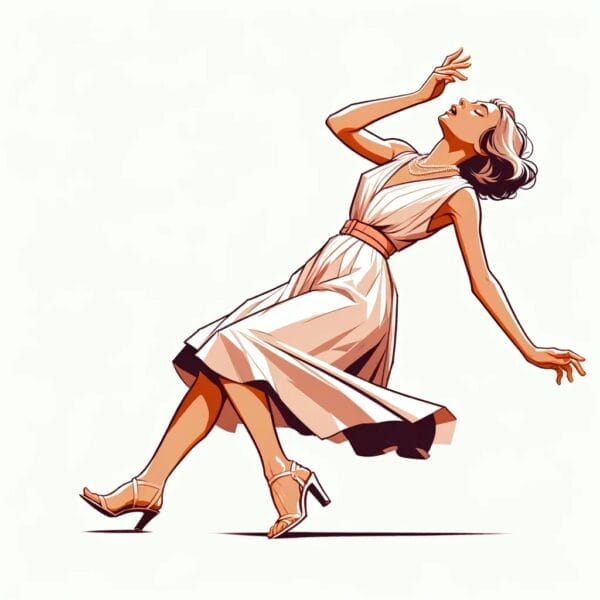 A stylized illustration of a woman fainting, wearing a minimalist outfit. She gently touches her forehead with one hand, extending the other outward. Her expression is a mix of surprise and delicacy. The simple color scheme highlights her elegant form against a plain background.
