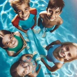 An aerial view capturing four joyful kids smiling up at the camera from the sparkling blue waters of a swimming pool.