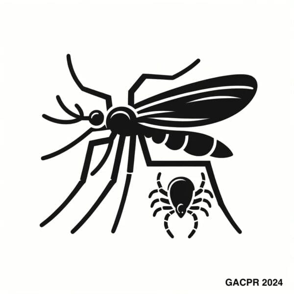 A minimalist illustration of a mosquito and a tick side by side, depicted with simplified features against a transparent background